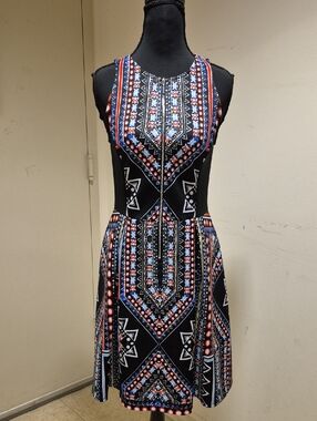 Sleeveless Black Tribal Print A-Line Dress